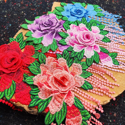 Statement Peony with Tassel Sew On Applique-  Embroidered Flower Motif Patch- For Clothes DIY, Cushion making, Hippie Chic Home decor