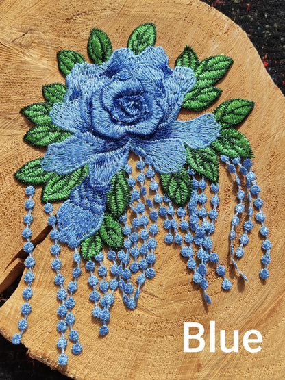 Statement Peony with Tassel Sew On Applique-  Embroidered Flower Motif Patch- For Clothes DIY, Cushion making, Hippie Chic Home decor