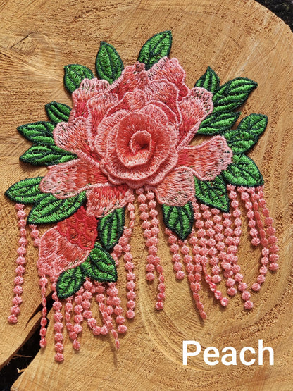 Statement Peony with Tassel Sew On Applique-  Embroidered Flower Motif Patch- For Clothes DIY, Cushion making, Hippie Chic Home decor