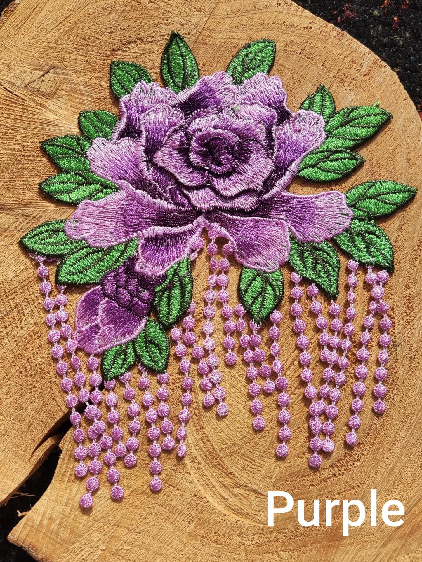 Statement Peony with Tassel Sew On Applique-  Embroidered Flower Motif Patch- For Clothes DIY, Cushion making, Hippie Chic Home decor