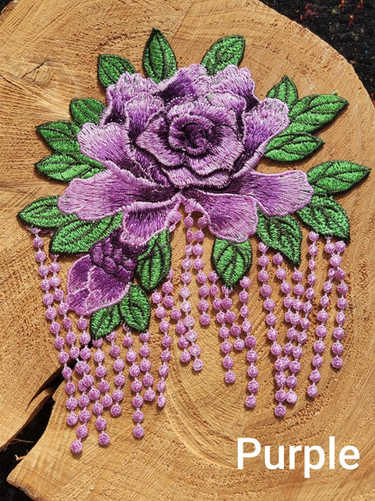 Statement Peony with Tassel Sew On Applique-  Embroidered Flower Motif Patch- For Clothes DIY, Cushion making, Hippie Chic Home decor