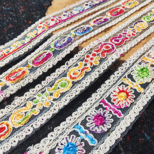 Chenille Embroidered Rainbow Trim- Per yard- 4cm Width Beige Sheer Mesh Ribbon with Sequin for Sewing, Costume DIY, Dressmaking