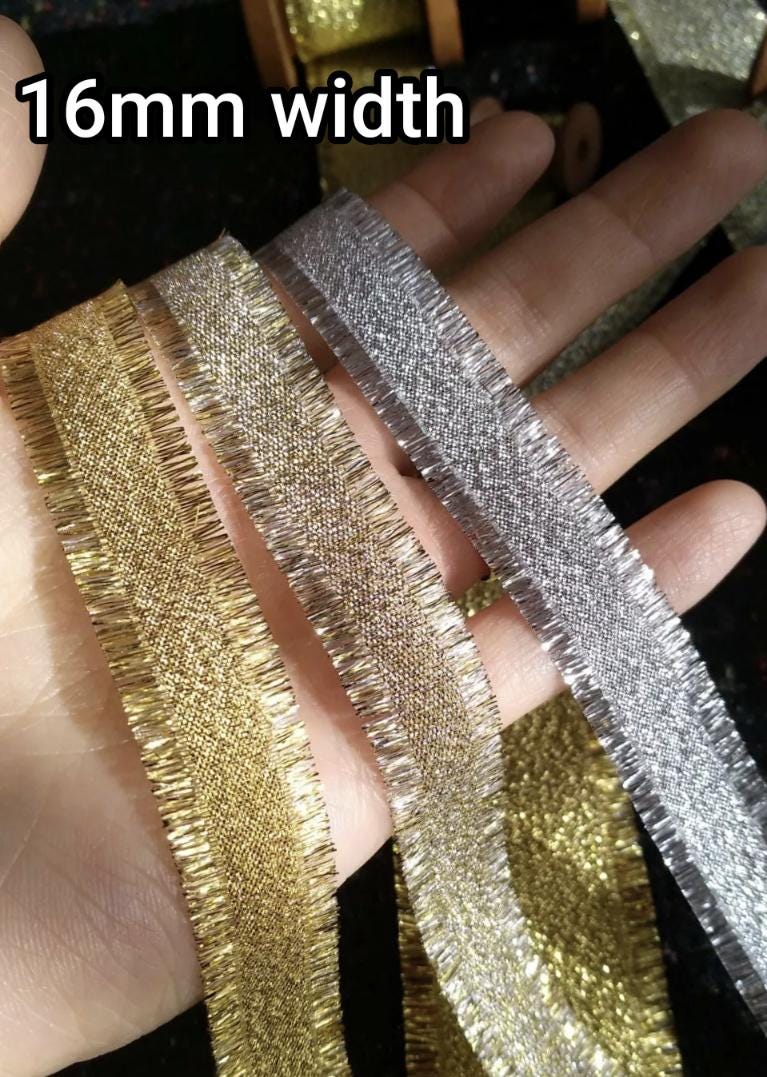 16mm Frayed Edge Lurex Ribbon- Double Sided Metallic Ribbon in Gold or Silver- Luxury Sparkly Gift Wrap for Christmas, Halloween, Birthdays