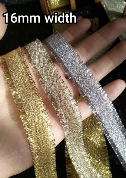 16mm Frayed Edge Lurex Ribbon- Double Sided Metallic Ribbon in Gold or Silver- Luxury Sparkly Gift Wrap for Christmas, Halloween, Birthdays