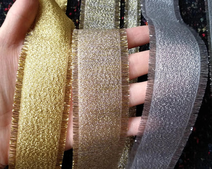 38mm Frayed Edge Lurex Ribbon- Waterproof Metallic Ribbon in Gold or Silver- Luxury Sparkly Gift Wrap for Christmas, Wreaths DIY, Halloween