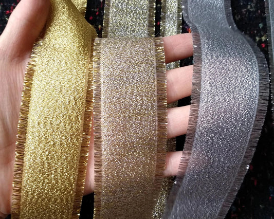 38mm Frayed Edge Lurex Ribbon- Waterproof Metallic Ribbon in Gold or Silver- Luxury Sparkly Gift Wrap for Christmas, Wreaths DIY, Halloween