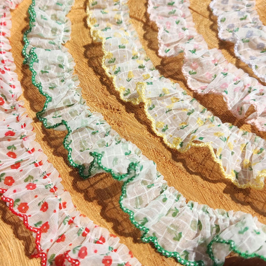 Floral on Grid Sheer Chiffon Trim with Scallop Edge -Per Yard -2cm Width Frilly Border for Sewing, Doll Clothes, Scrunchie DIY