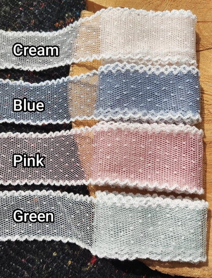 Dotty Pastel Mesh Ribbon with White Scallop Edge - 3.5cm Width Soft Spotty Trim for Doll Clothes, Hairbow, Dressmaking
