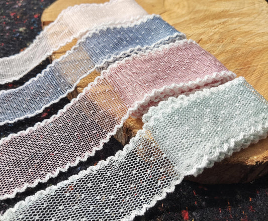 Dotty Pastel Mesh Ribbon with White Scallop Edge - 3.5cm Width Soft Spotty Trim for Doll Clothes, Hairbow, Dressmaking