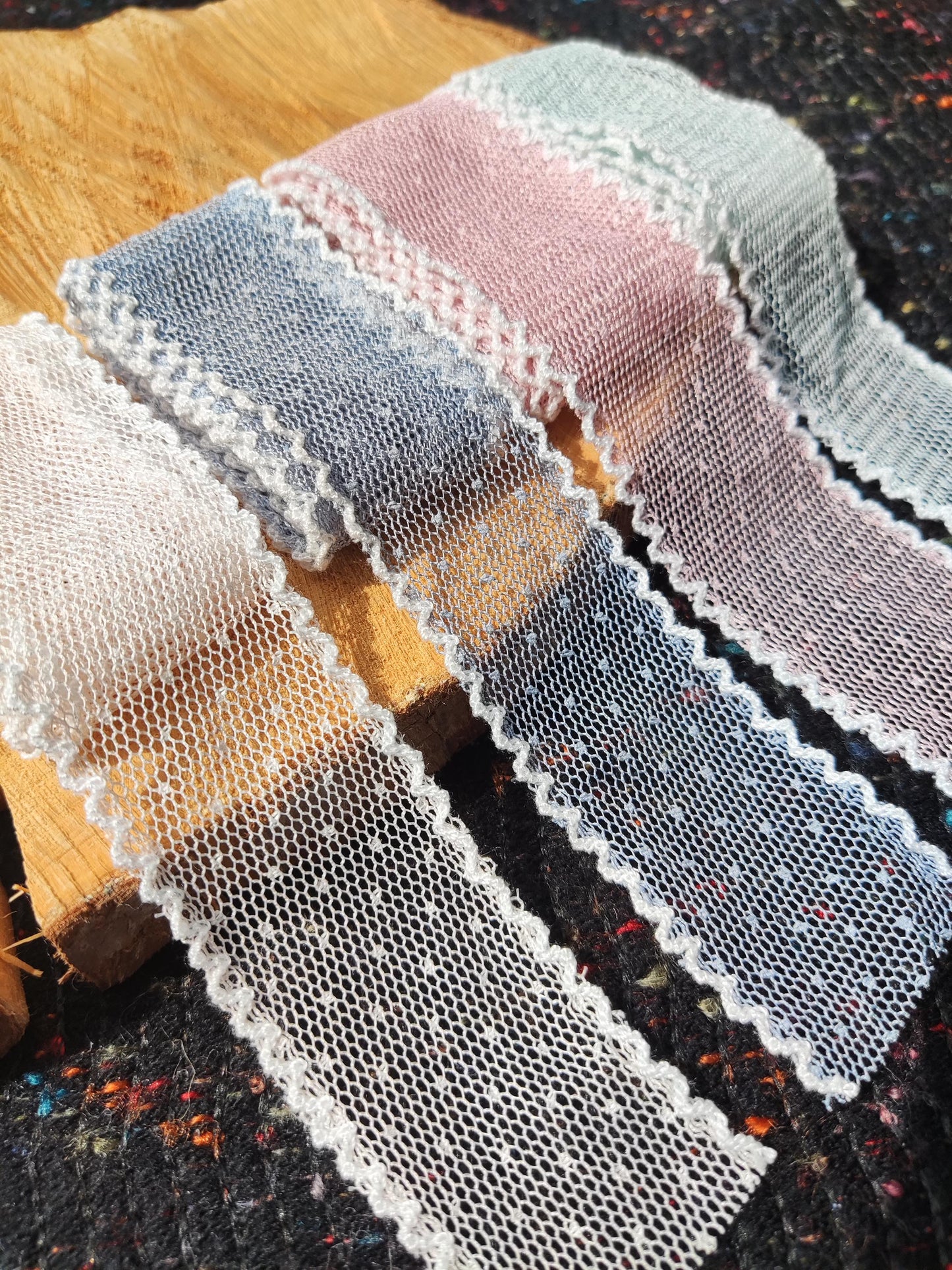 Dotty Pastel Mesh Ribbon with White Scallop Edge - 3.5cm Width Soft Spotty Trim for Doll Clothes, Hairbow, Dressmaking