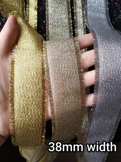 38mm Frayed Edge Lurex Ribbon- Waterproof Metallic Ribbon in Gold or Silver- Luxury Sparkly Gift Wrap for Christmas, Wreaths DIY, Halloween